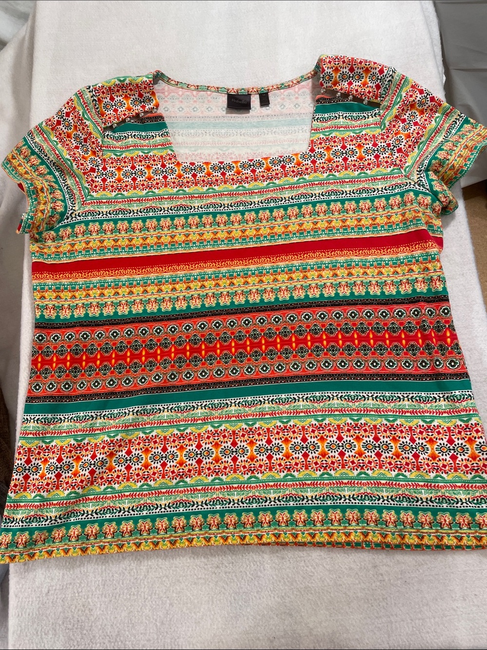 Rafaella Striped Floral Scoop Neck Short Sleeve Top - Red, Green, Yellow